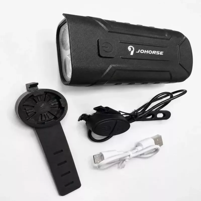 iLike JOHORSE Wiederaufladbares Fahrradlicht mit 120dB Hupe, USB-wiederaufladbarer LED-Fahrradscheinwerfer, Fern-/Abblendlicht, IPX4 wasserdicht, schwarzes Frontlicht