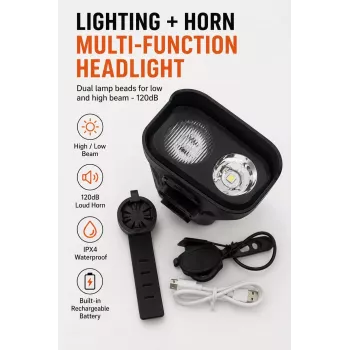 iLike JOHORSE Wiederaufladbares Fahrradlicht mit 120dB Hupe, USB-wiederaufladbarer LED-Fahrradscheinwerfer, Fern-/Abblendlicht, IPX4 wasserdicht, schwarzes Frontlicht