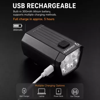 iLike JOHORSE USB wiederaufladbarer Fahrradscheinwerfer mit 120dB Elektrohupe, 300LM 4 LED Fahrrad-Frontlicht, 7 Beleuchtungsmodi, Lenker-Fernschalter, IPX4 wasserdicht Schwarz
