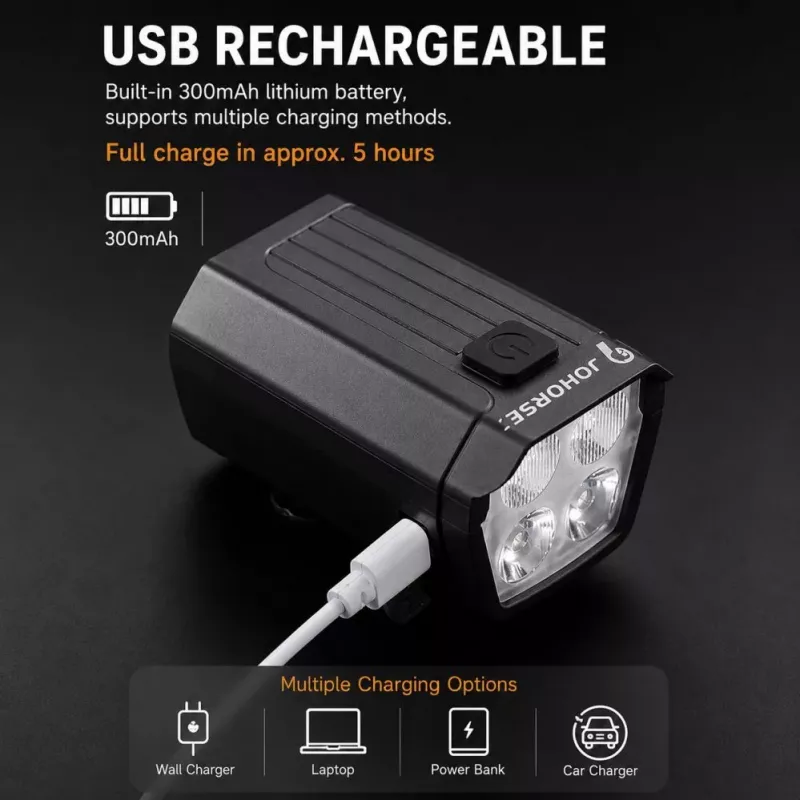 iLike JOHORSE USB wiederaufladbarer Fahrradscheinwerfer mit 120dB Elektrohupe, 300LM 4 LED Fahrrad-Frontlicht, 7 Beleuchtungsmodi, Lenker-Fernschalter, IPX4 wasserdicht Schwarz
