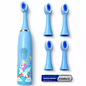 iLike Kinder Schallzahnbürste, wasserdicht, 5 Bürstenköpfe (1+4 Ersatzköpfe), batteriebetrieben, weiche Borsten, Einhorn-Design, Blau