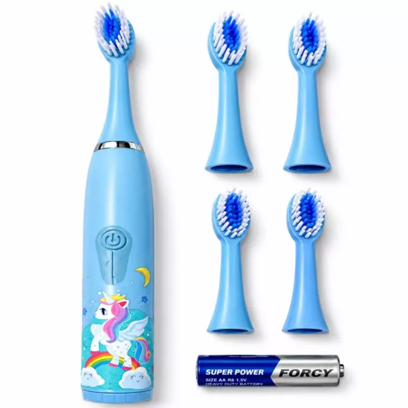 iLike Kinder Schallzahnbürste, wasserdicht, 5 Bürstenköpfe (1+4 Ersatzköpfe), batteriebetrieben, weiche Borsten, Einhorn-Design, Blau