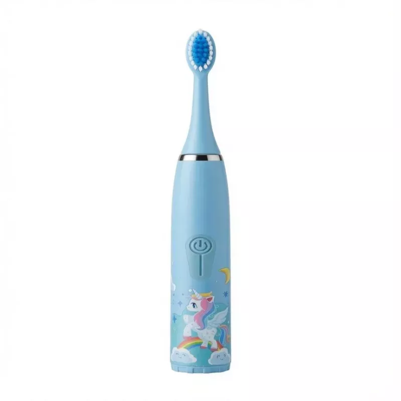 iLike Kinder Schallzahnbürste, wasserdicht, 5 Bürstenköpfe (1+4 Ersatzköpfe), batteriebetrieben, weiche Borsten, Einhorn-Design, Blau