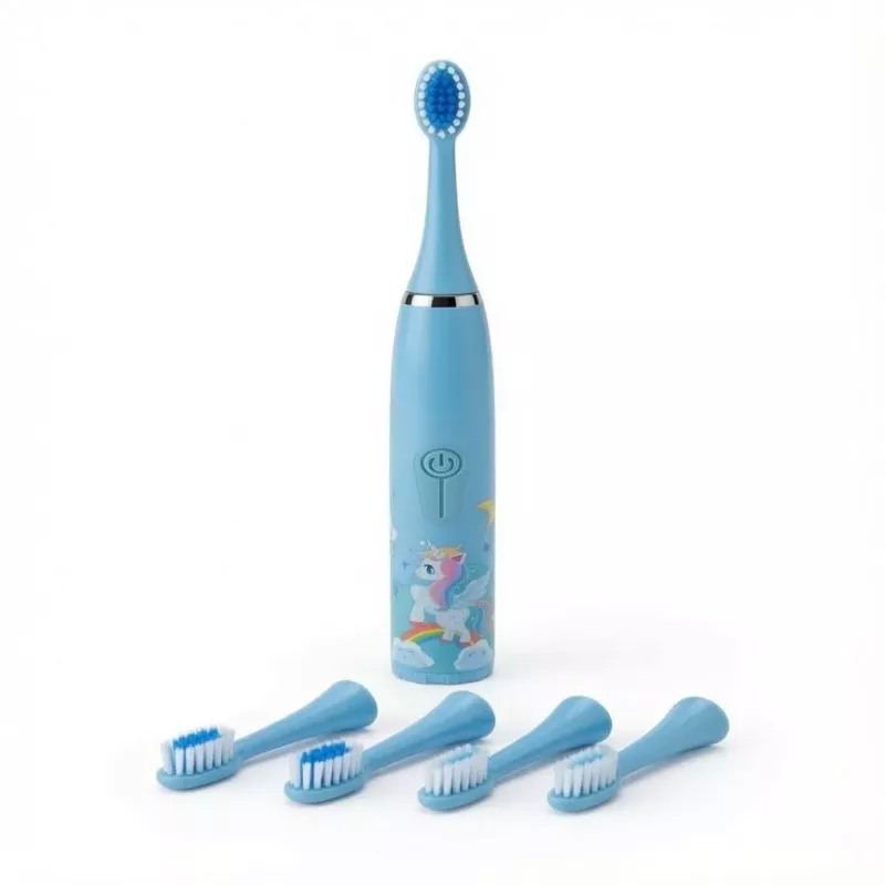 iLike Kinder Schallzahnbürste, wasserdicht, 5 Bürstenköpfe (1+4 Ersatzköpfe), batteriebetrieben, weiche Borsten, Einhorn-Design, Blau