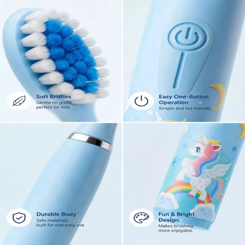 iLike Kinder Schallzahnbürste, wasserdicht, 5 Bürstenköpfe (1+4 Ersatzköpfe), batteriebetrieben, weiche Borsten, Einhorn-Design, Blau