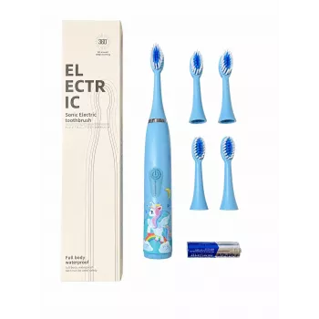iLike Kinder Schallzahnbürste, wasserdicht, 5 Bürstenköpfe (1+4 Ersatzköpfe), batteriebetrieben, weiche Borsten, Einhorn-Design, Blau