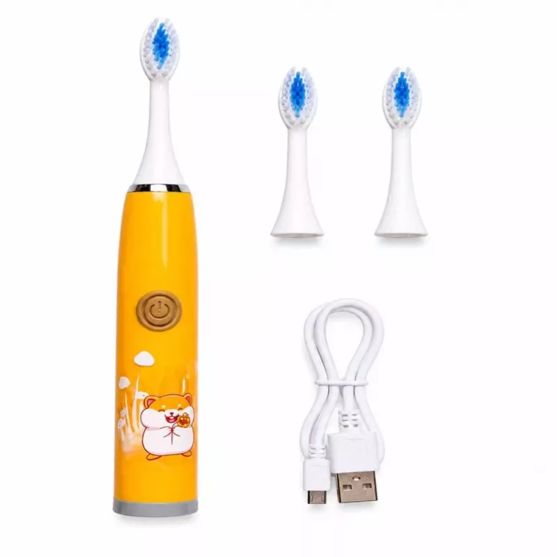 iLike Kids Wiederaufladbare Schallzahnbürste, USB-Ladung, 3 Bürstenköpfe (1+2 Ersatzköpfe), weiche Borsten, wasserdicht, süßes Hamster-Design Orange