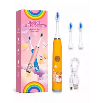 iLike Kids Wiederaufladbare Schallzahnbürste, USB-Ladung, 3 Bürstenköpfe (1+2 Ersatzköpfe), weiche Borsten, wasserdicht, süßes Hamster-Design Orange