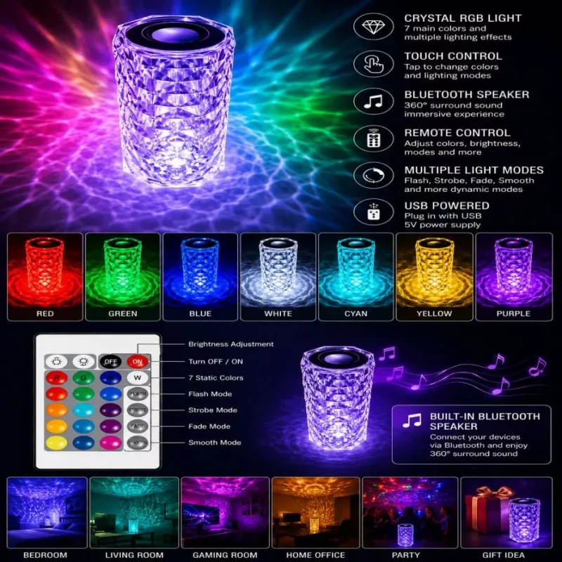 iLike Crystal Touch RGB LED Lampe mit Bluetooth-Lautsprecher, Ambient-Nachtlicht, Fernbedienung