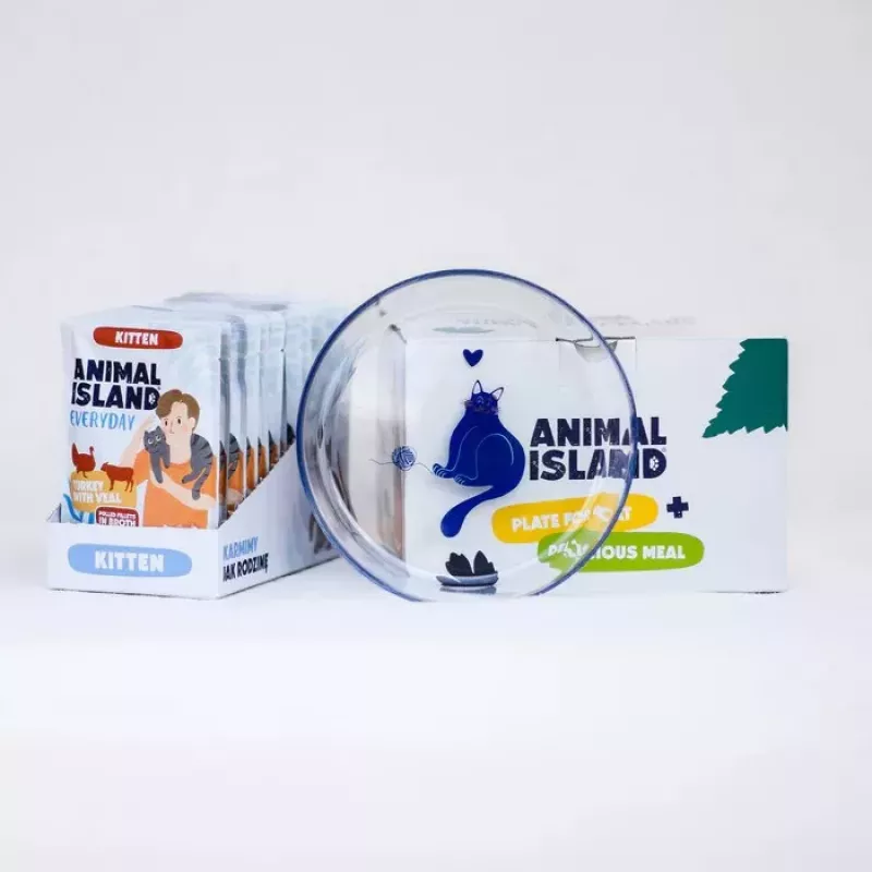 ANIMAL ISLAND Kitten Truthahn & Kalb Nassfutter für Katzen 12x85g + Teller