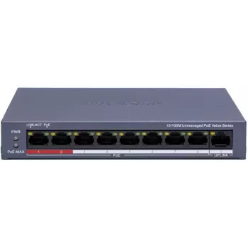 Hikvision DS-3E0109P-E/M(C) 9-Port Fast Ethernet PoE Switch, 8 PoE Ports, 65W Budget, Unmanaged