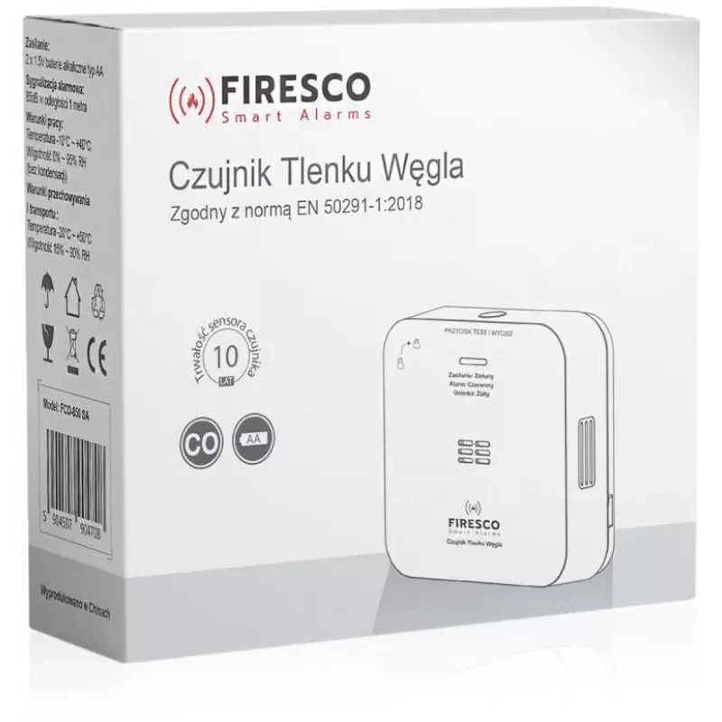 FIRESCO FCO-850 SA Kohlenmonoxidmelder mit LCD-Anzeige, 10 Jahre Lebensdauer