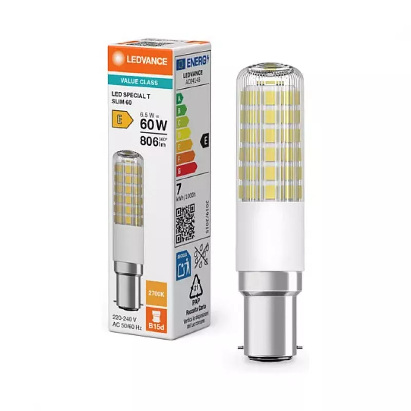 OSRAM LED SPECIAL T 6.5W 827 Clear B15d Tubular LED Lampe, 806 lm, 2700 K, Warmweiß, nicht dimmbar, 2er-Pack