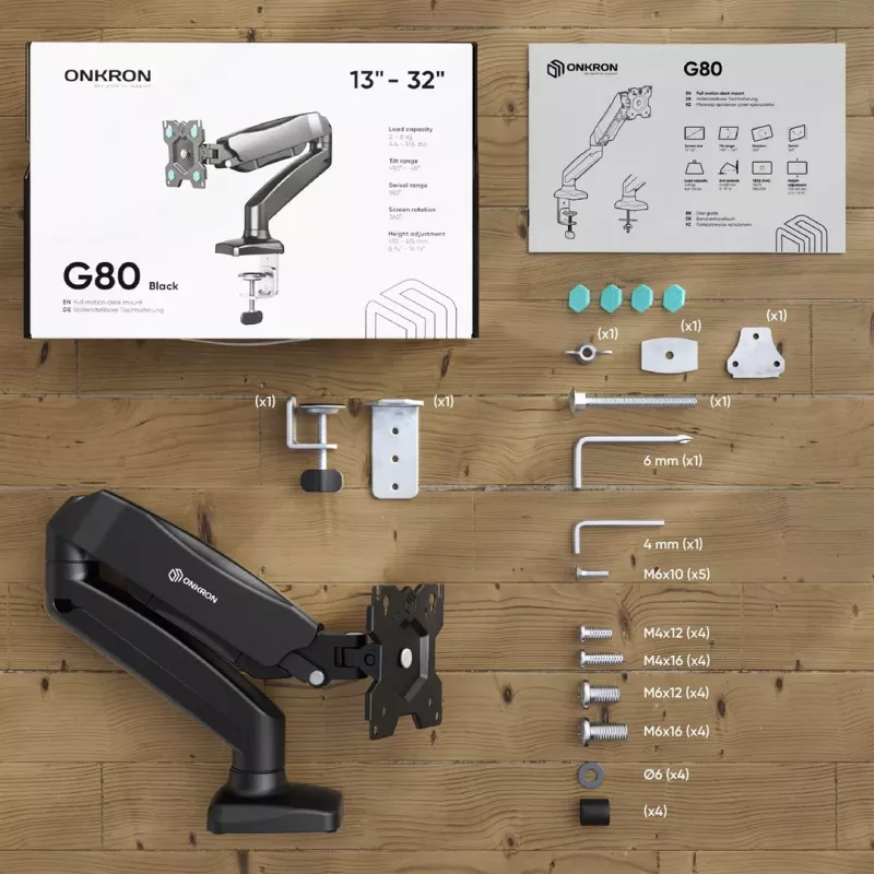 ONKRON G80-B Schreibtisch-Monitorarm für 13-32 inch Bildschirme, 8 kg Tragfähigkeit, Schwarz