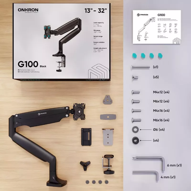 ONKRON G100-B Single Monitor Desk Mount für 13-32 Zoll Bildschirme, Schwarz