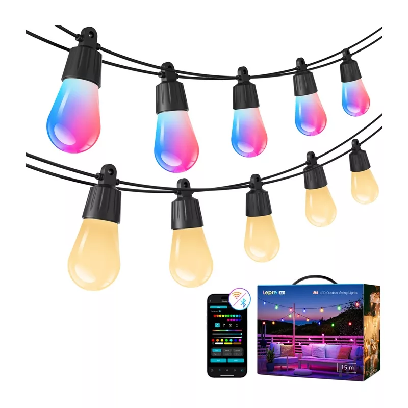 Lepro 15M ZB1 AI Outdoor String Lights - RGBIC Smart Wi-Fi LED String Lights, 15 Meter, IP65, Kompatibel mit Alexa/Google Assistant