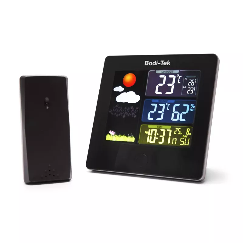 Bodi-Tek BT-HGWS-EU/1,2 Digitale Wetterstation mit kabellosem Außensensor, LCD-Display, Wettervorhersage, Mondphase, Alarm, Hintergrundbeleuchtung