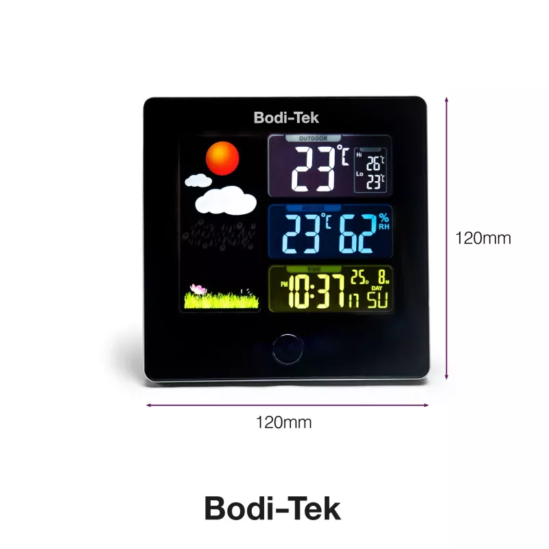 Bodi-Tek BT-HGWS-EU/1,2 Digitale Wetterstation mit kabellosem Außensensor, LCD-Display, Wettervorhersage, Mondphase, Alarm, Hintergrundbeleuchtung
