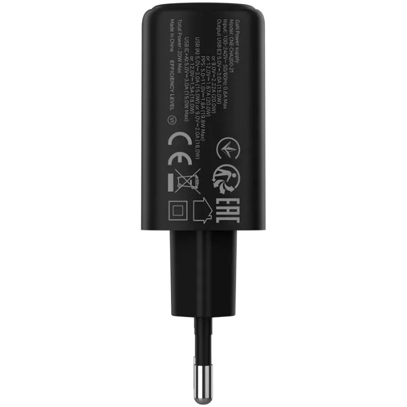 CANYON OnCharge 200 20W 1xPD 1xQC EU Black Wall Charger