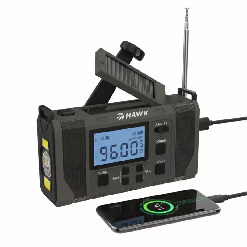 Hawk HWRDI420GN Notfall-Wetterradio mit Solar, Dynamo, Taschenlampe, AM/FM/KW, Grün
