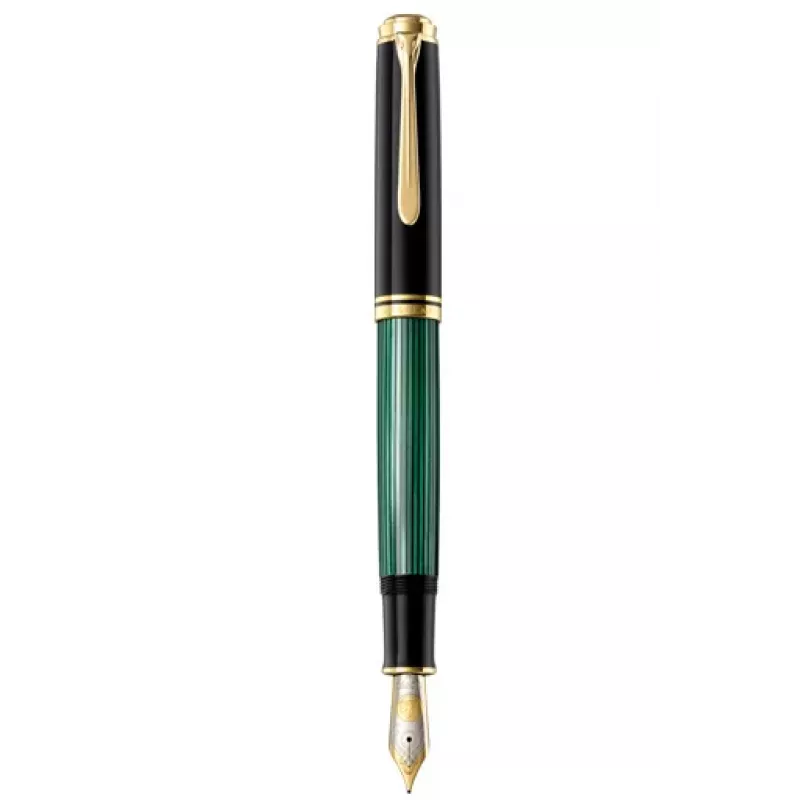 Pelikan Souverän M1000 Füllfederhalter, Schwarz, Goldbeschläge, grünes Tintenfenster, breite Feder, integrierter Kolbenfüller, beidhändig, Deutschland