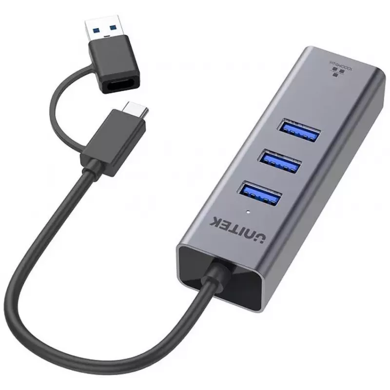 UNITEK USB-C Hub 4-in-1 Ethernet 3 x USB-A 5 Gbps mit USB-A Adapter