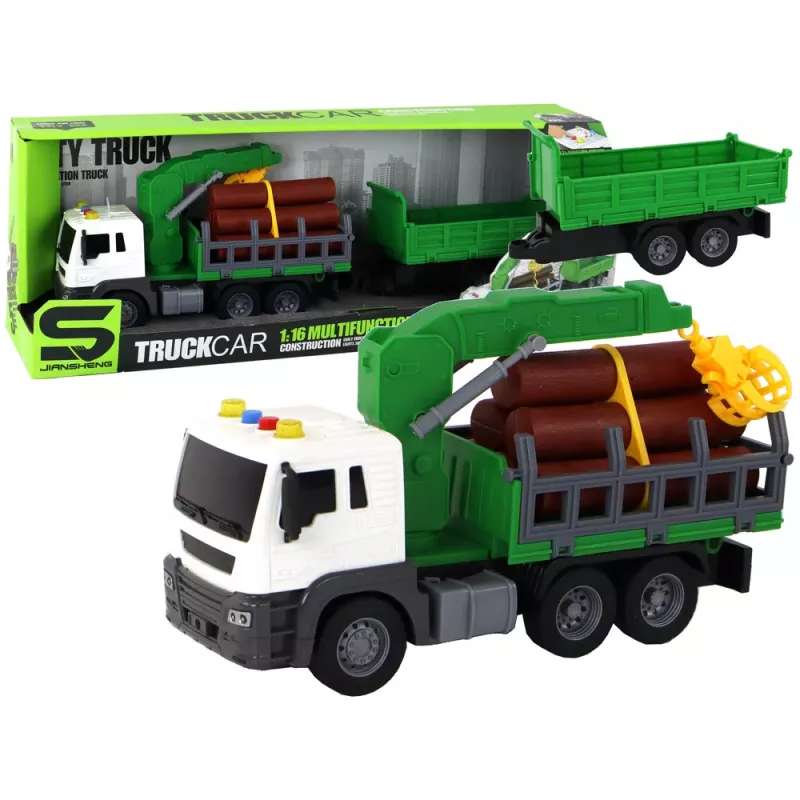 LEAN TOYS Truck With Crane Friction Drive Sounds Green Wood 1:16