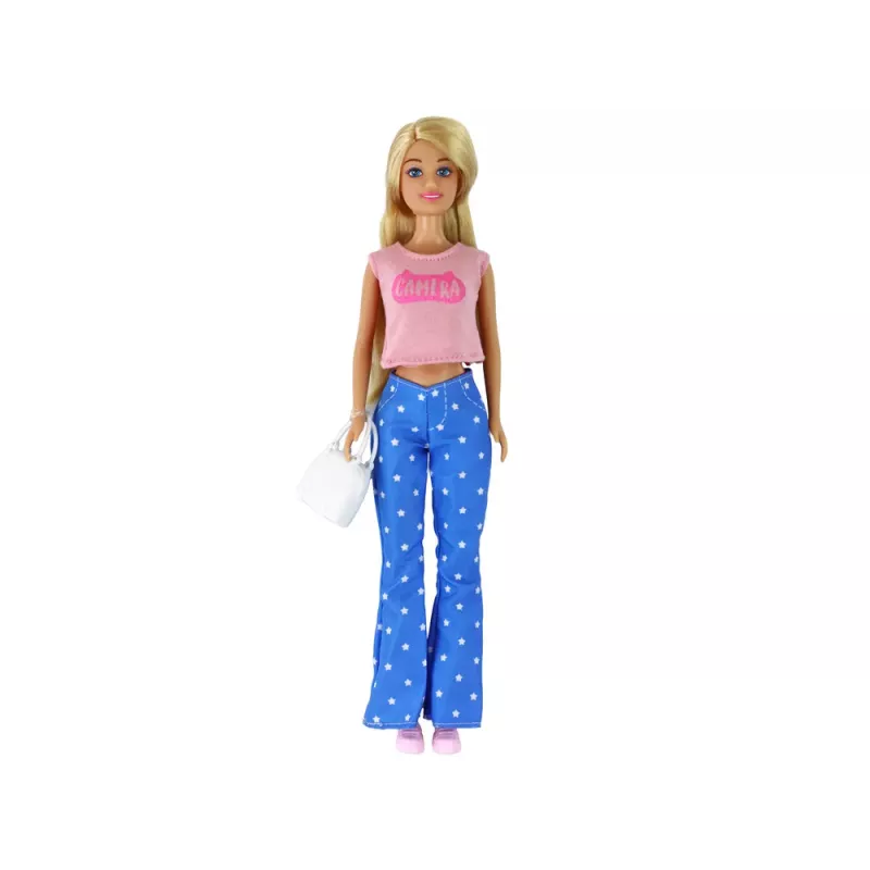 LEAN TOYS Anlily Kinderpuppe mit langen blonden Haaren, Handtasche, Brille, rosa Bluse