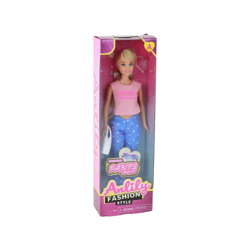 LEAN TOYS Anlily Kinderpuppe mit langen blonden Haaren, Handtasche, Brille, rosa Bluse