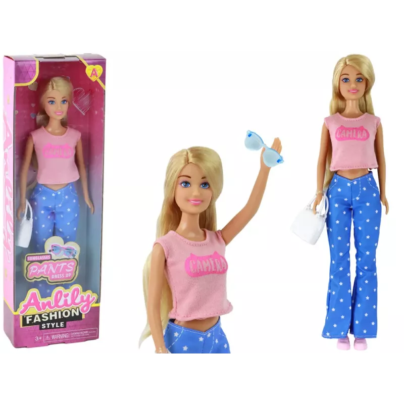 LEAN TOYS Anlily Kinderpuppe mit langen blonden Haaren, Handtasche, Brille, rosa Bluse