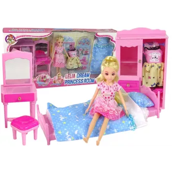 LEAN TOYS Puppenmöbel-Set Bett Kleiderschrank Schminktisch für 29-30 cm Modepuppen, Pink, 3-teilig