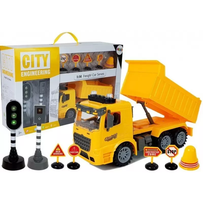 LEAN TOYS Tipper Set 1:14 RC Dump Truck mit Verkehrsschildern, Lichtern und Blitzer - Gelb