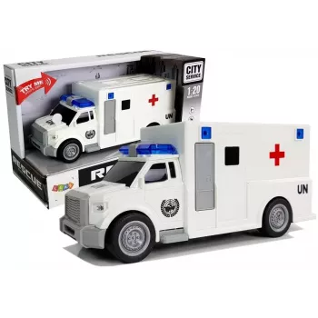 LEAN TOYS Auto Ambulance mit Reibungsantrieb Weiß 1:20 mit Sound