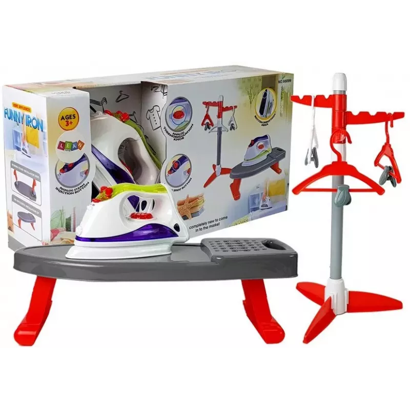 LEAN TOYS Bügelbrett-Ständer mit Kleiderbügeln – Kinder-Bügelset mit Licht- und Soundeffekten