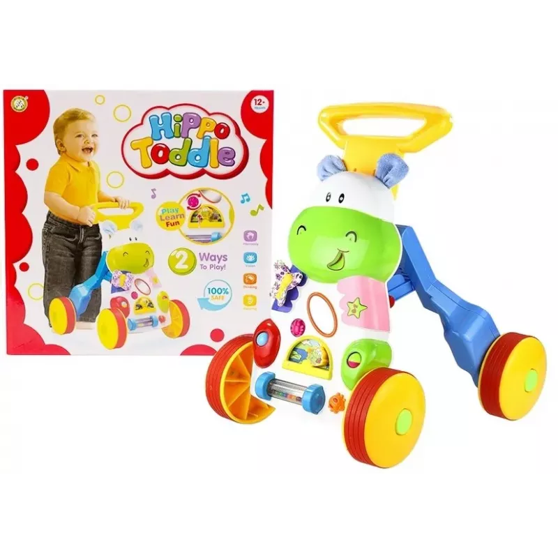 LEAN TOYS Schiebespielzeug Nilpferd für Kleinkinder und Babys mit Geräuschen, Rasseln, Knisterfolie und Spiegel