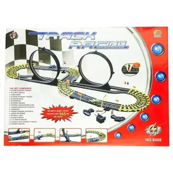 LEAN TOYS Autorennbahn mit zwei Autos, Loops und Netzteil, 565 cm
