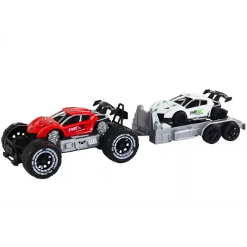 LEAN TOYS Set aus rotem Geländewagen und weißem Sportwagen mit Abschleppwagen
