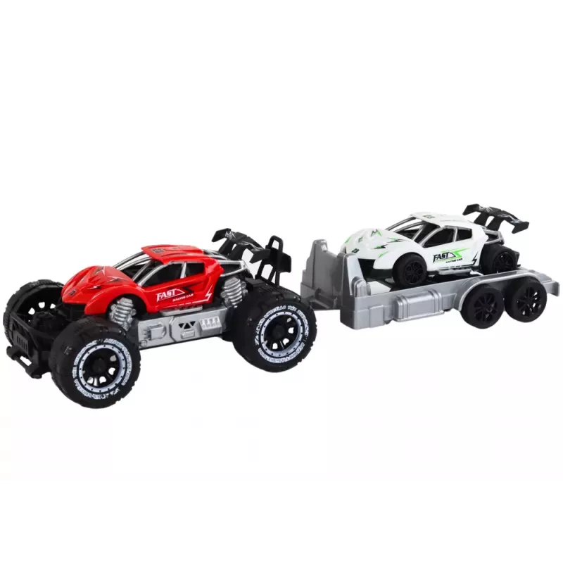 LEAN TOYS Set aus rotem Geländewagen und weißem Sportwagen mit Abschleppwagen