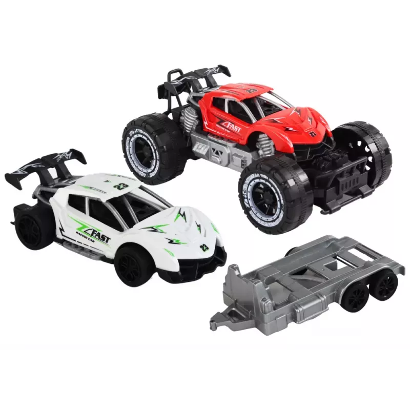 LEAN TOYS Set aus rotem Geländewagen und weißem Sportwagen mit Abschleppwagen