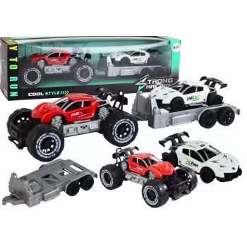 LEAN TOYS Set aus rotem Geländewagen und weißem Sportwagen mit Abschleppwagen