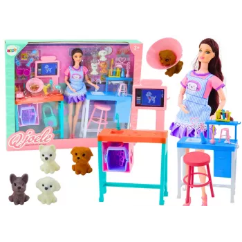 LEAN TOYS Set Puppe Tierarzt Pflegebüro Möbel Zubehör Haustiere