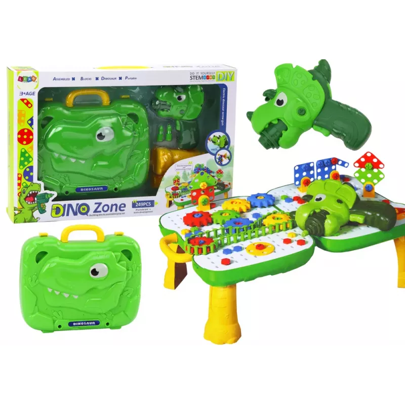 LEAN TOYS Tisch-Koffer DIY Set Puzzle Bausteine Dinosaurier Schraubendreher 249 Teile