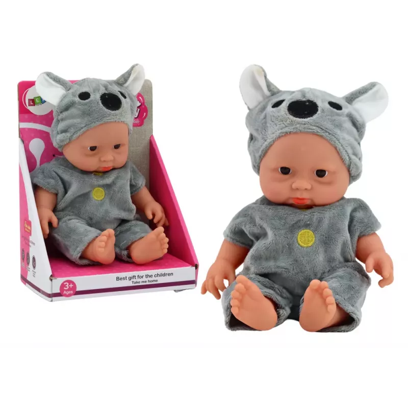 LEAN TOYS Kleine Babypuppe, graue Kleidung, Koala-Hut