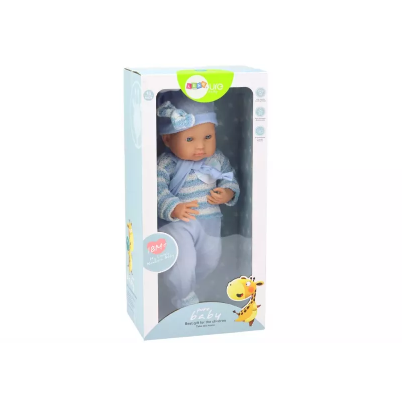 LEAN TOYS Babypuppe mit gestreiftem Pullover, Mütze und blauem Schal - 42 cm