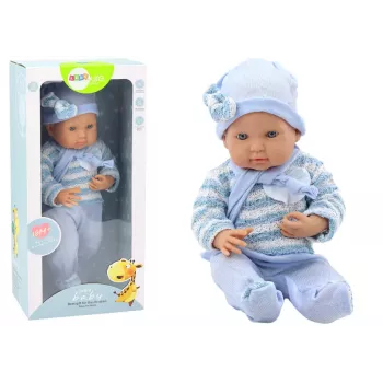 LEAN TOYS Babypuppe mit gestreiftem Pullover, Mütze und blauem Schal - 42 cm