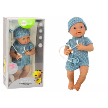 LEAN TOYS Babypuppe in blauer Kleidung, mit Mütze, Schnuller und Decke 35 cm
