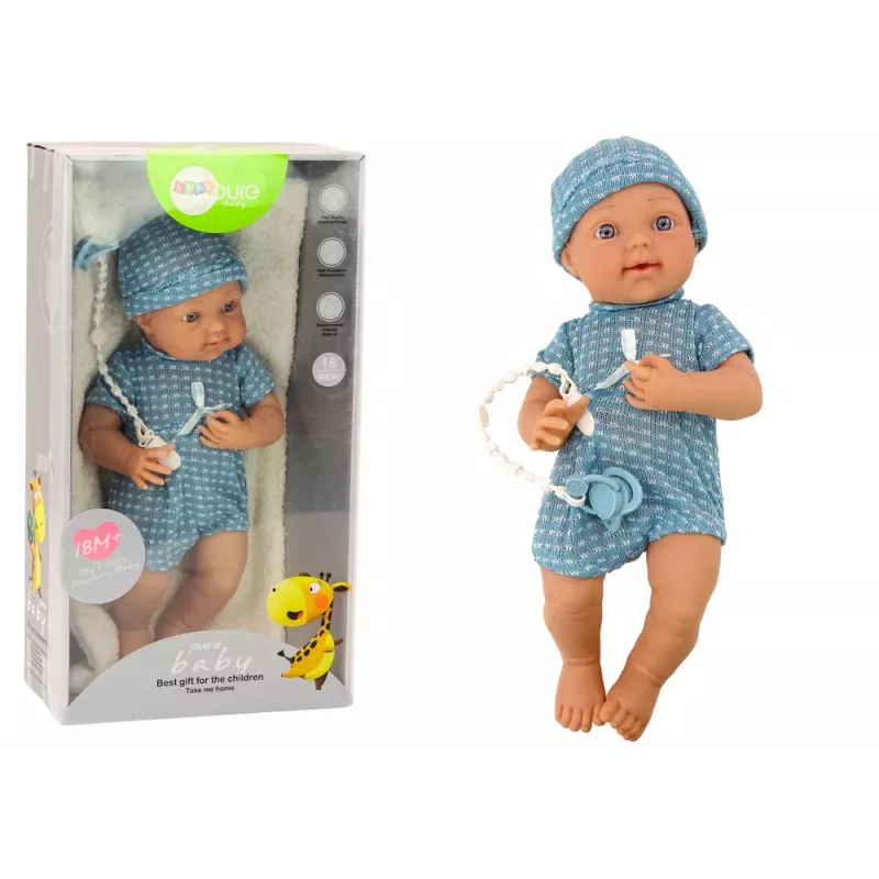 LEAN TOYS Babypuppe in blauer Kleidung, mit Mütze, Schnuller und Decke 35 cm