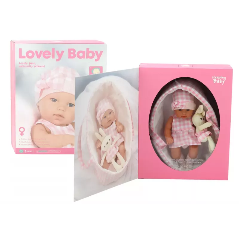 LEAN TOYS Babypuppe im Hasen-Tragetuch in rosa kariertem Outfit