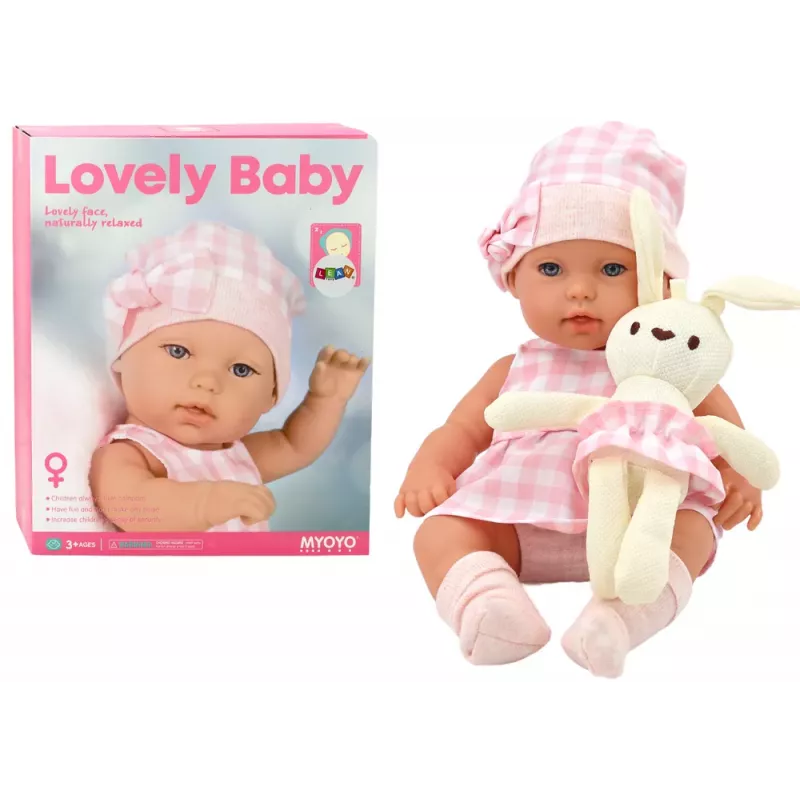 LEAN TOYS Babypuppe im Hasen-Tragetuch in rosa kariertem Outfit