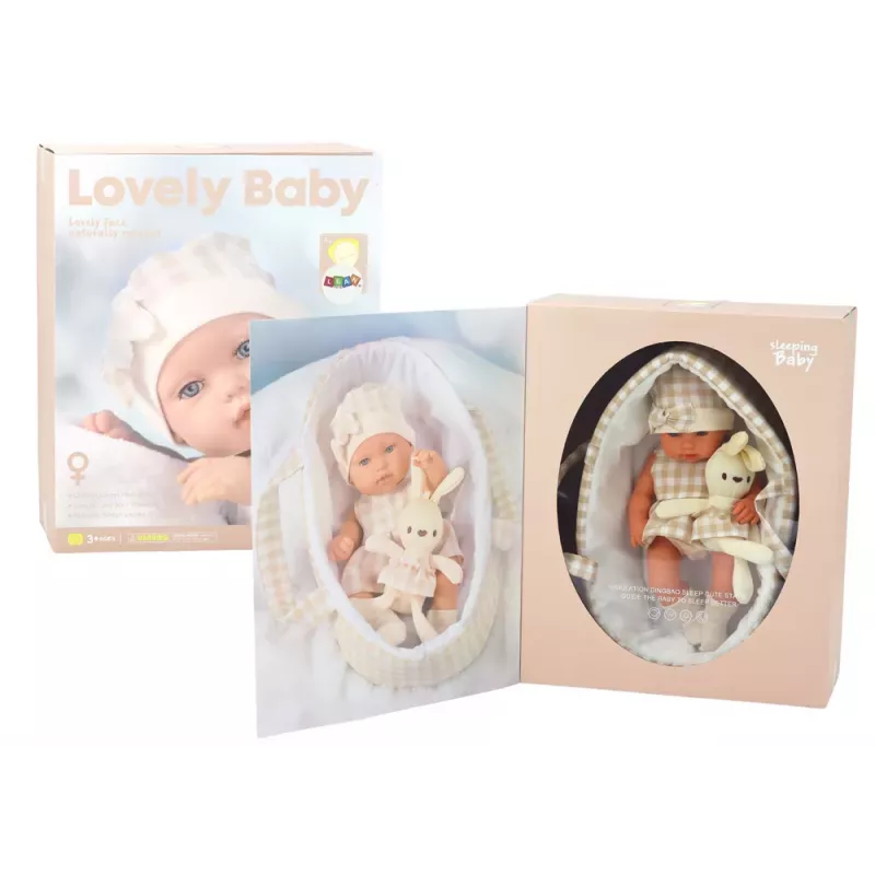 LEAN TOYS Babypuppe in Trage mit Hasen-Outfit, Beige